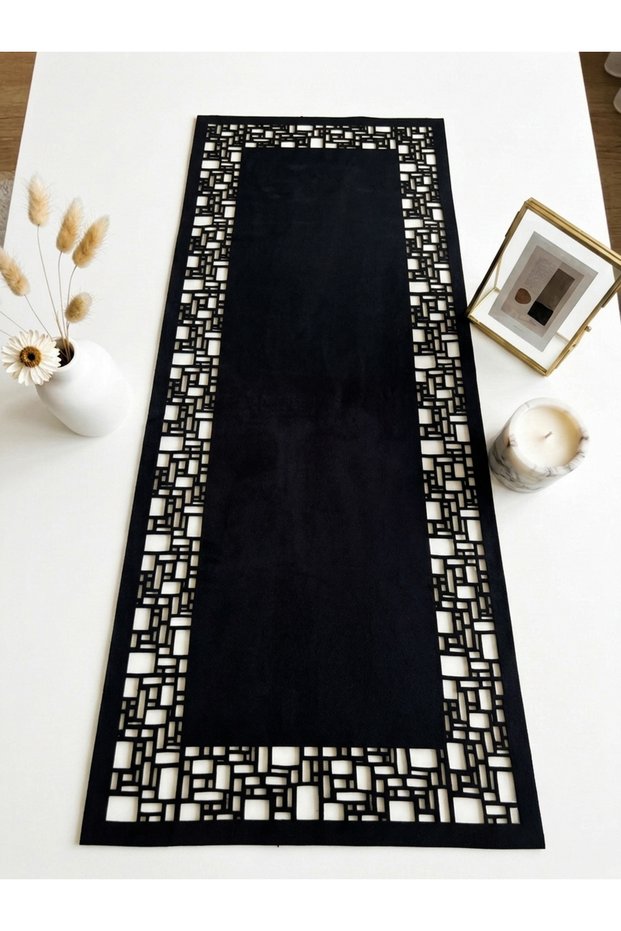 Black Suede Fabric Runner 40X100 cm Coffee Table Size - Geometric Quadrilateral Pattern