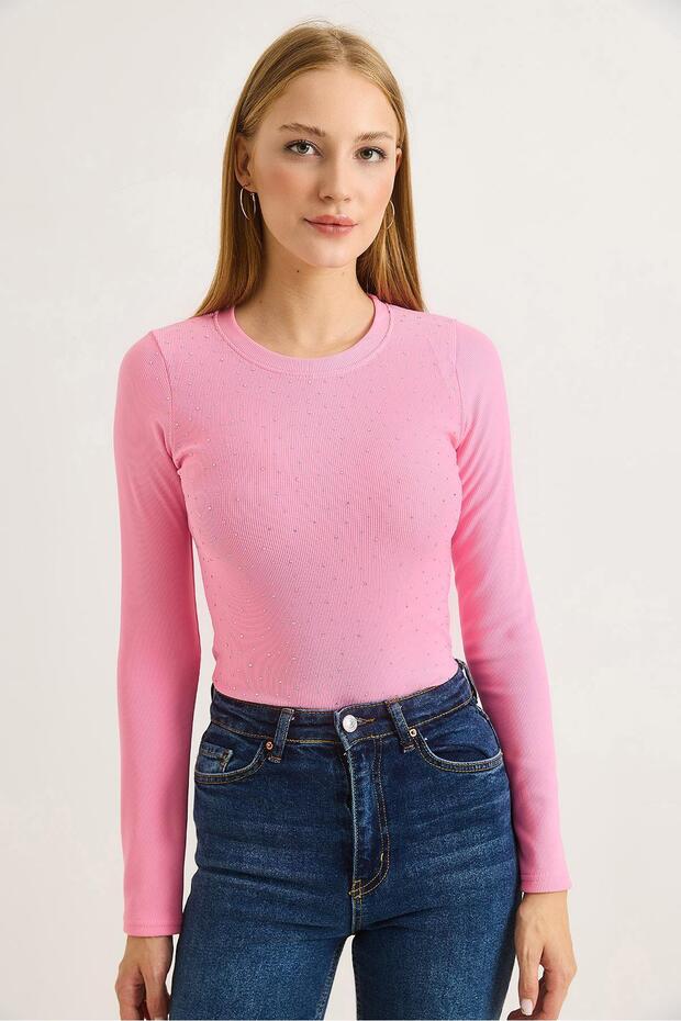 Women's Ottoman Crew Neck Stone-Embellished Blouse Pink