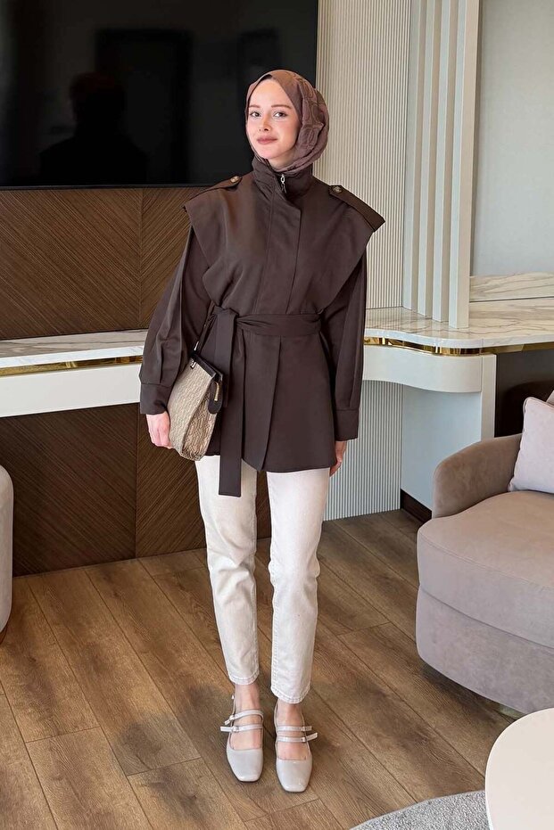 Pleated Sleeve Shoulder Apolelti Trench Coat Bitter Brown