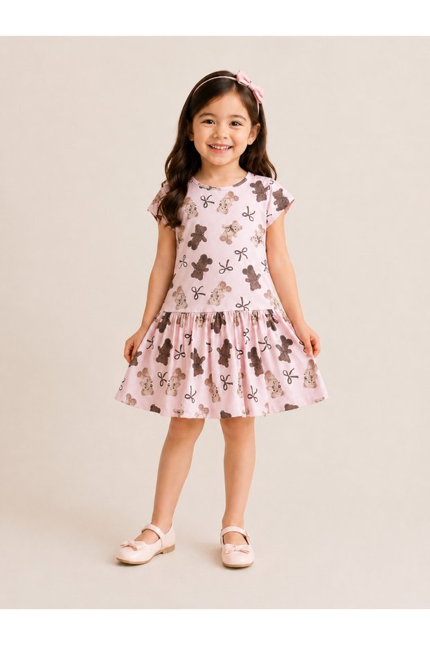 Girl's 100% Cotton Teddy Bear Patterned Short Sleeve Casual Summer Dress (3-10 Years)