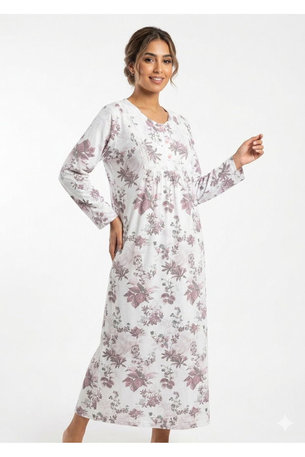 Long Cotton Nightgown with Floral Print