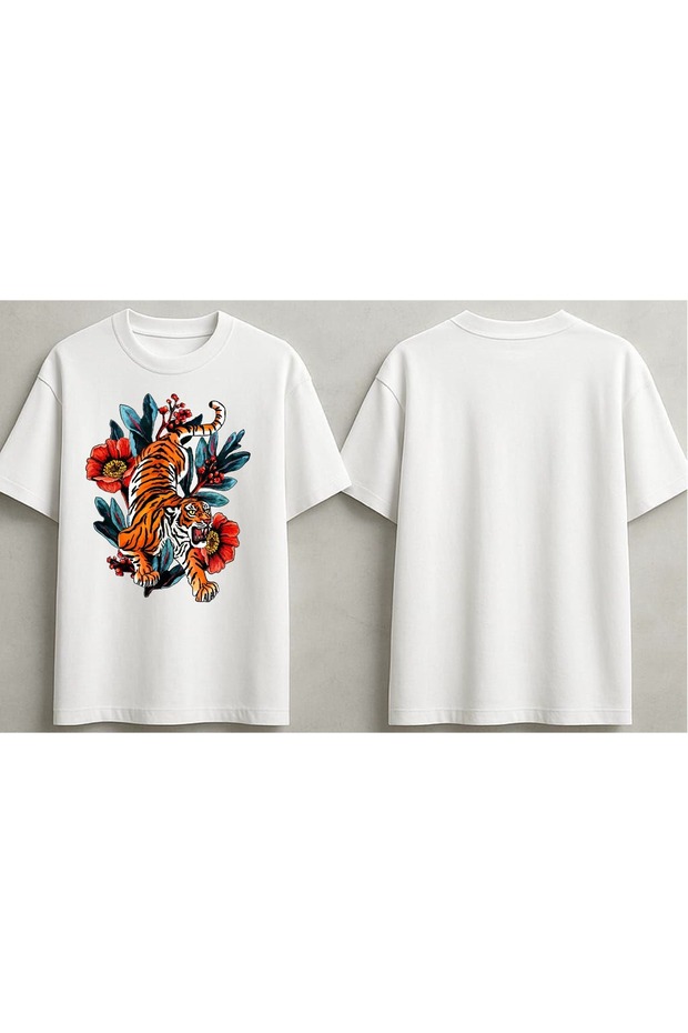 Flower Patterned Tiger Printed Unisex T-Shirt