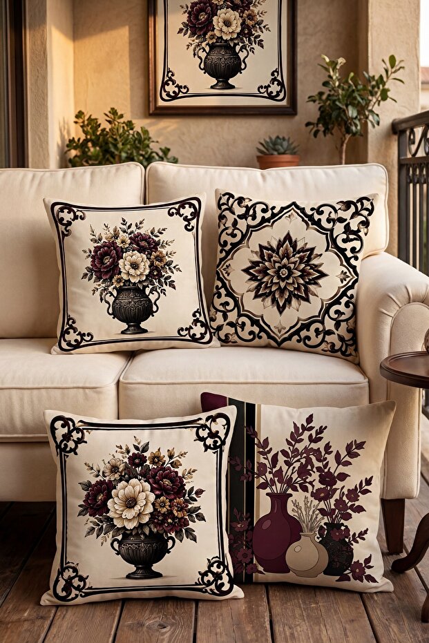 Old Generation Flower Pots Patterned 4-Piece Throw Pillow Cover Set