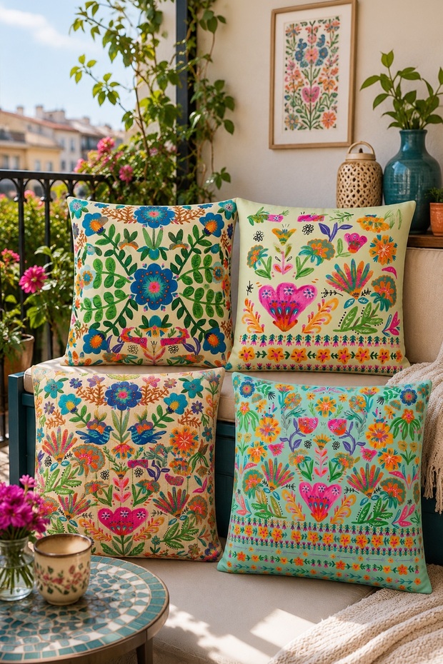 Pastel Flowers Patterned 4-Piece Throw Pillow Cover Set