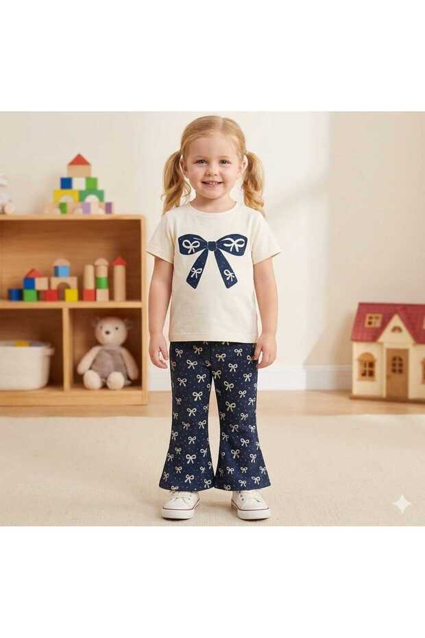 Girl's Ribbon Detailed Spanish Flared Pants and T-Shirt 2-Piece Set 2-8 Years Old