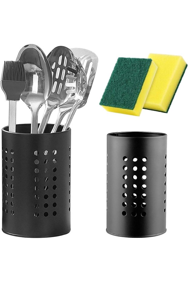 2 Pcs Stainless Steel Utensil Holder Set, Kitchen Countertop Organizer for Spoons and Cutlery, Includes 2 Sponges, Space Saving and Keeps Counter Tidy