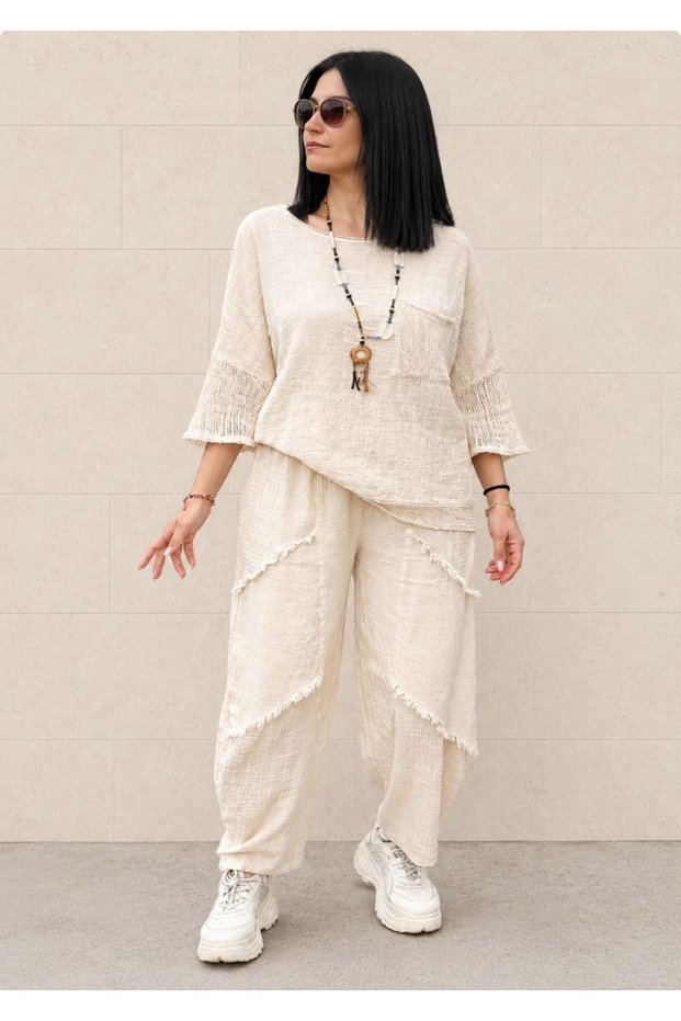 Women's Linen Cotton Fabric Mesh Pocket Trukavar Sleeve Blouse and Mesh Detailed Tasseled Trousers 2-Piece Combination with Surprise Bracelet Gift