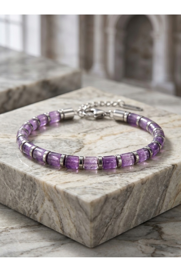 Adjustable Steel Chain Men's Bracelet with Amethyst Stone & Silver Hematite Stone 01809