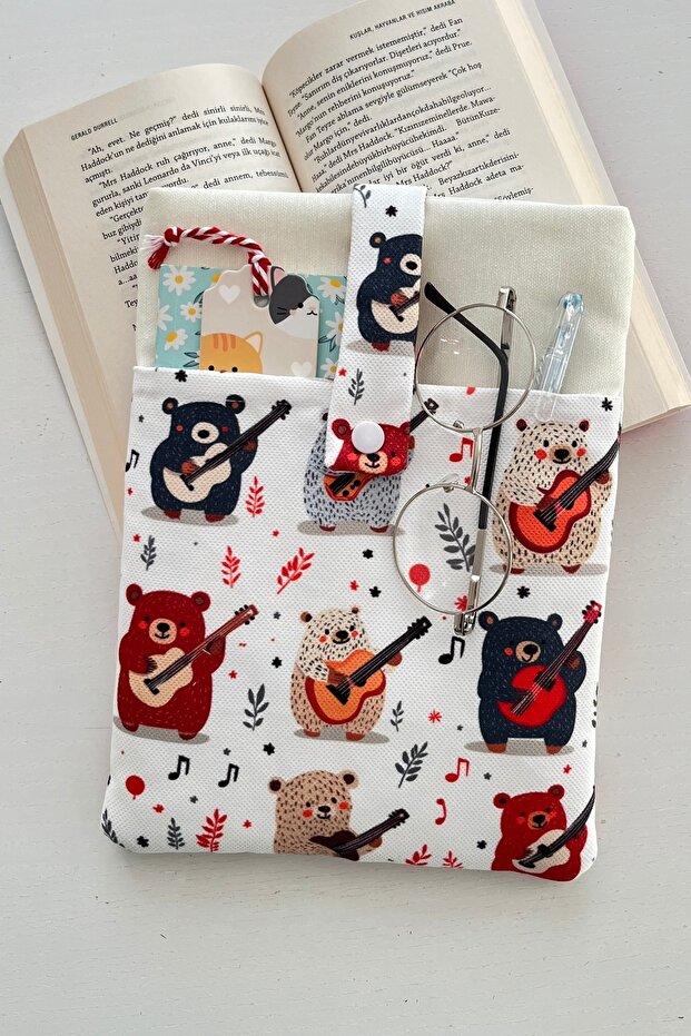 Fabric Book Cover with Pockets Guitar Playing Bears