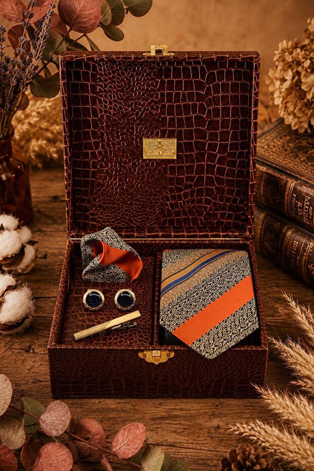 Brown Men's Gift Box - Handkerchief Tie Cufflinks Tie Clip Kmk239
