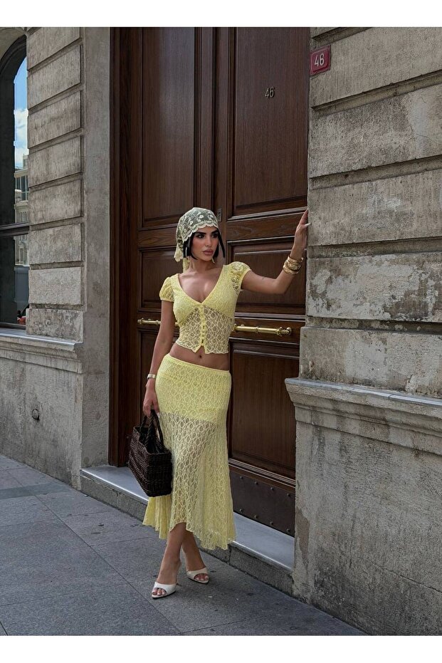 Premium Lined Guipure Lace Crop Top and Midi Skirt Two-Piece Set