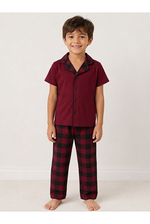 Boys' Summer Milan Fabric Plaid Pattern Shirt with Collar and Short Sleeves Pajama Set