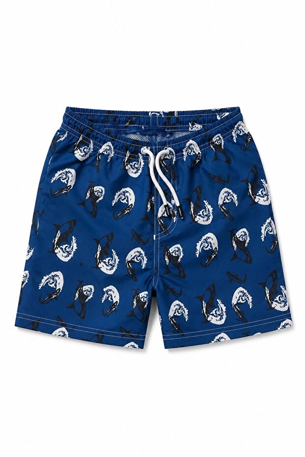 Boy's Patterned Swim Shorts Pool Swimsuit M00835 Dark Blue