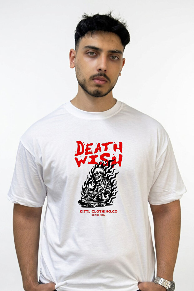 Skeleton Skateboard Design Printed Oversize White T-Shirt