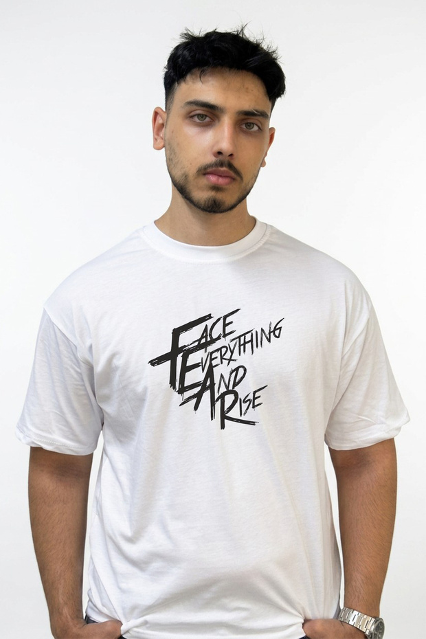 Face Everything Rise Design Printed Oversize White T-Shirt