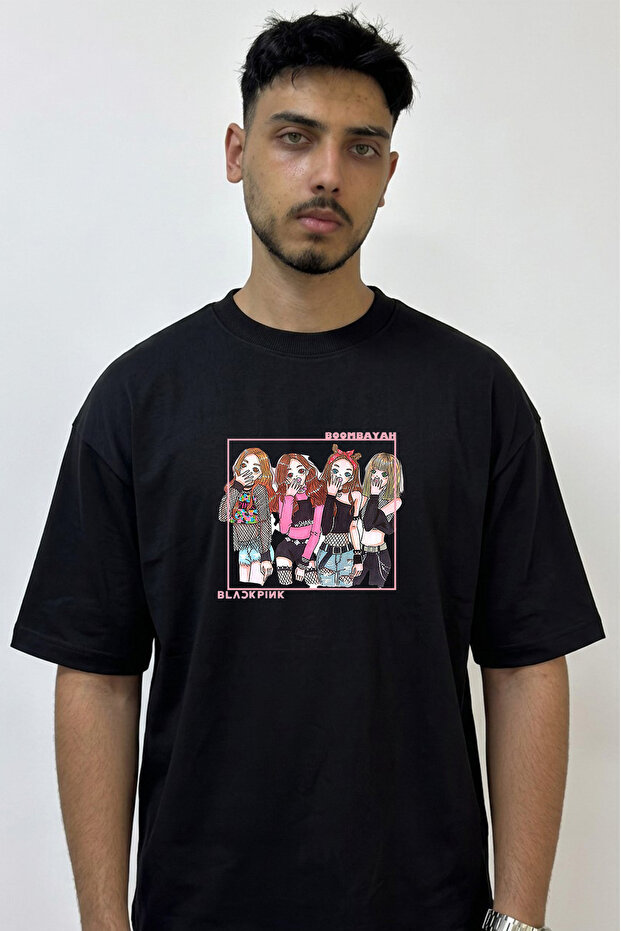 Blackpink_19 Design Printed Oversize Black T-Shirt