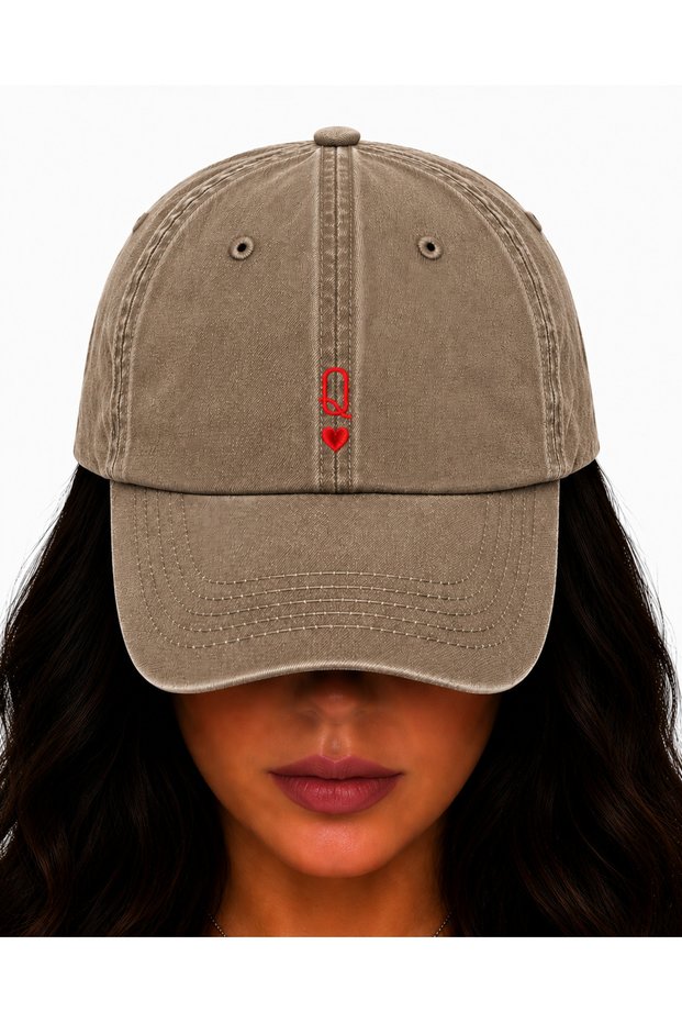 Queen of Hearts Embroidered Hat, Vintage Washed Baseball Cap (Queen of Hearts Embroidered Hat)