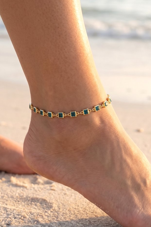 Turquoise Colored Zircon Stone Square Anklet
