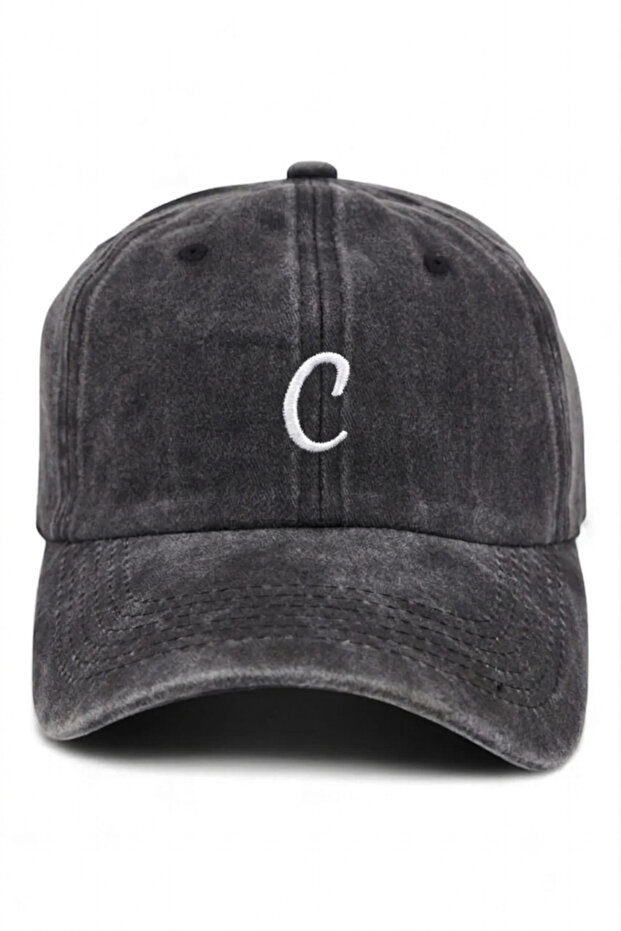 Black Embroidered Washable Vintage Unisex Hat with Letter C