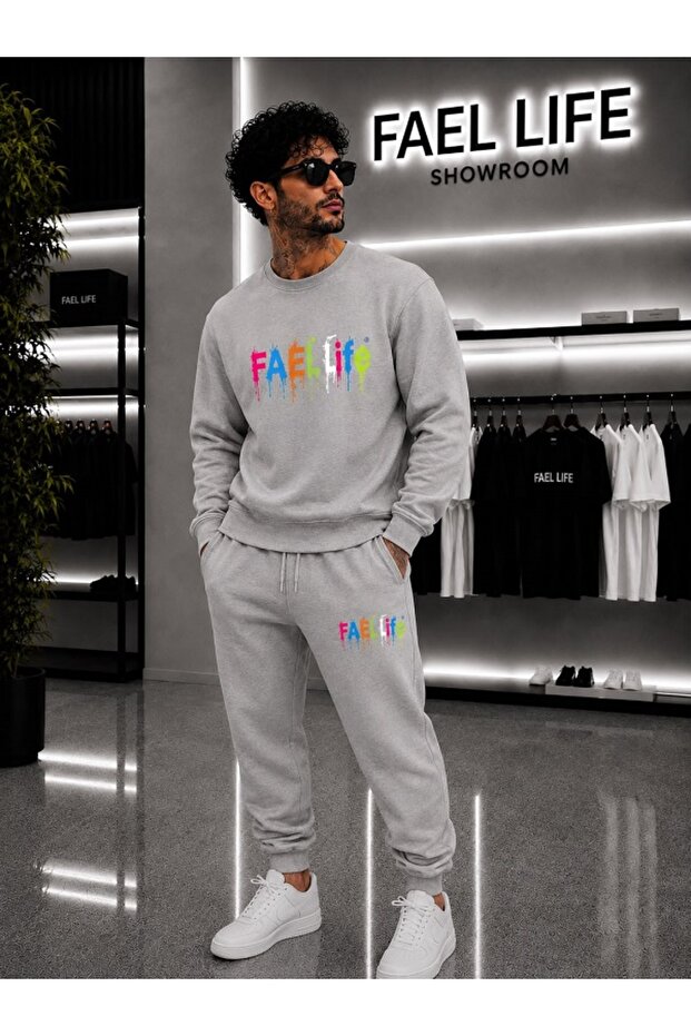 Unisex Wide Cut Zero Neck and Sweatpants Colorful Printed Set