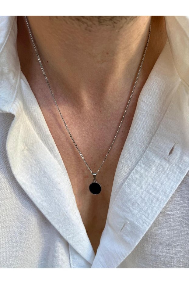 Quivandar Silver Color Stainless Steel Gourmet Chain Round Onyx Stone Men's Necklace