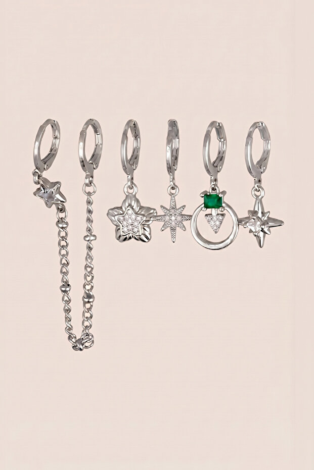 Silver Color Steel Green Stone Chain Star Dangle Earrings Set of 6