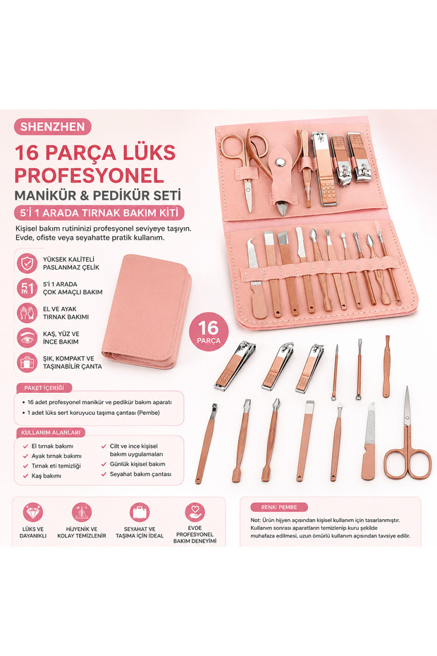 Shenzhen 16-Piece Luxury Professional Stainless Steel Manicure & Pedicure Set – 5-in-1 Nail Care Kit |   **Pink**