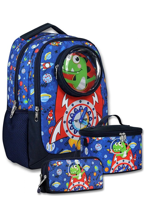 Boy's Dinosaur Printed Triple Primary School Bag Set with Watch - Setumt6009A