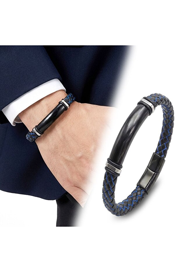 Name Engravable Blue Black Leather and Black Titanium Lock Bracelet 18393B15D5