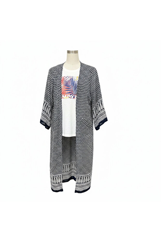 Women's Navy and White Printed Longline Kimono