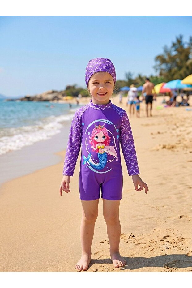 Girl's Purple Color Mermaid Patterned Long Sleeve Boned Protective Swimsuit