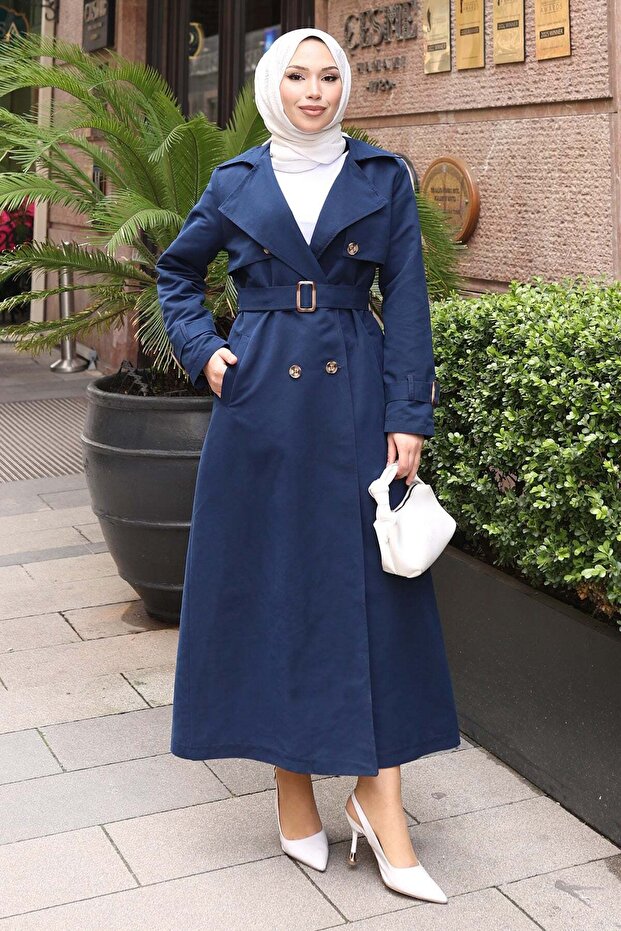 Belt Detailed Buttoned Trench Coat Indigo 19301