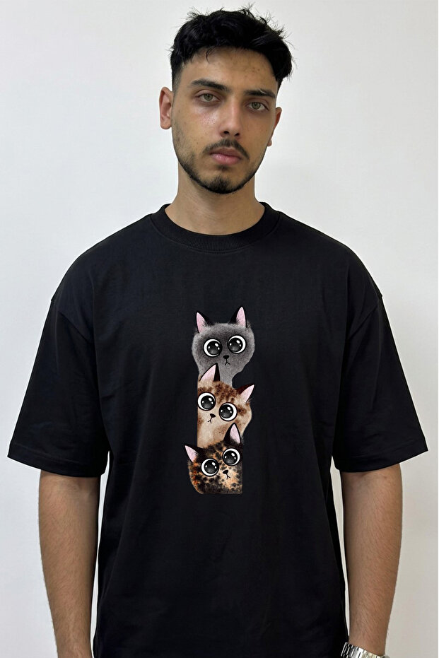 Cat Tower Design Printed Oversize Black T-Shirt