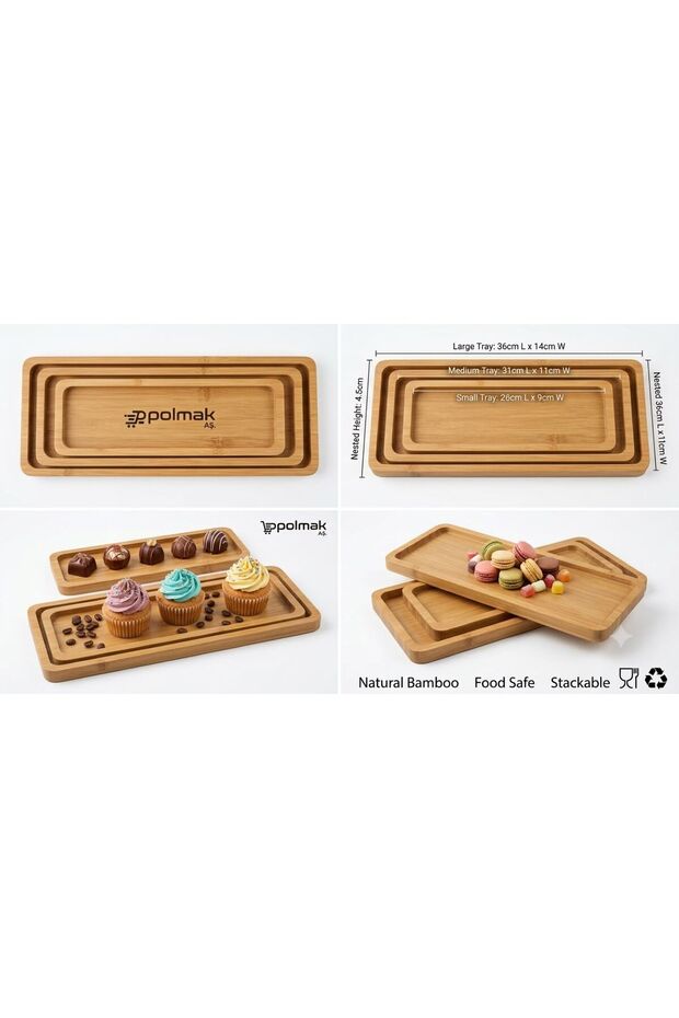 Polmak 3-Piece Natural Bamboo Wood Serving Tray Set - Long Rectangular Coffee and Catering Tray (Pm-510)