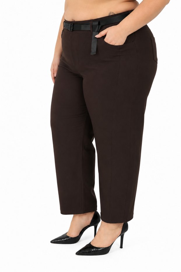 Plus Size Elastic Waist Belted Pocketed Lycra Mom Women's Trousers