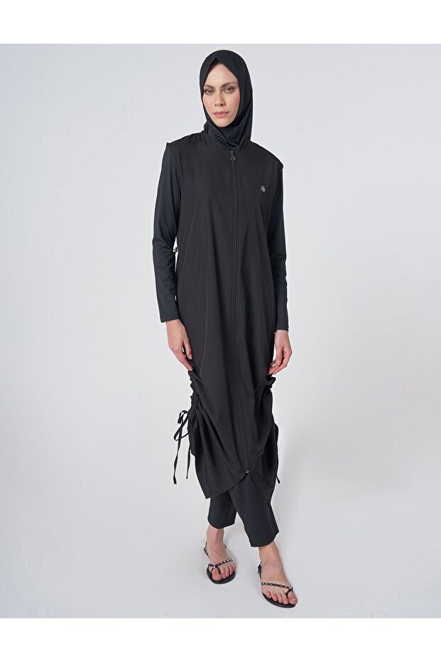 Gather Detailed Hijab Swimsuit Black