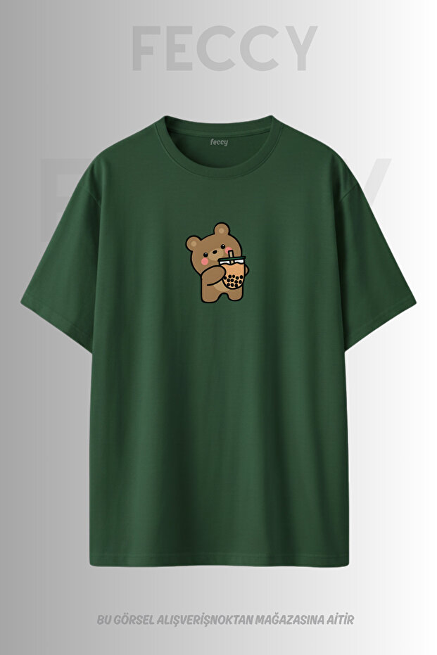 Premium Coffee Drinking Bear Printed Theme Unisex Oversize Women's T-Shirt Men's T-Shirt Cotton Oversize T-Shirt
