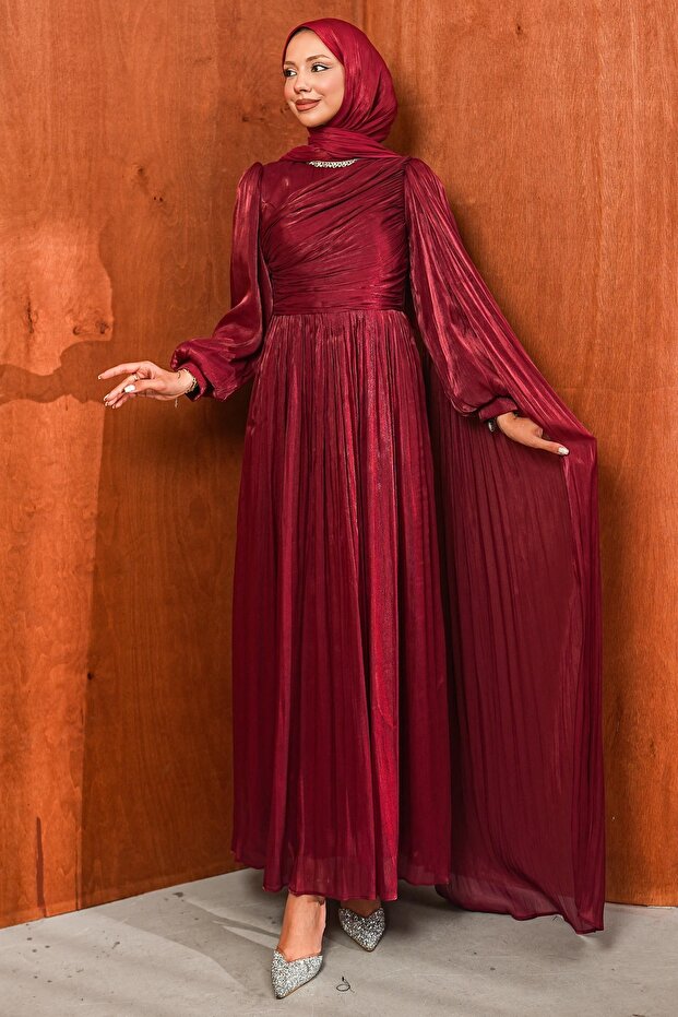 Burgundy Collar Stoned Draped Janjan Evening Dress