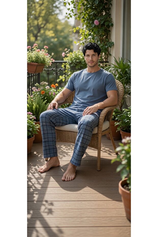 Men's Denim Blue Short Sleeve Cotton Pajama Set