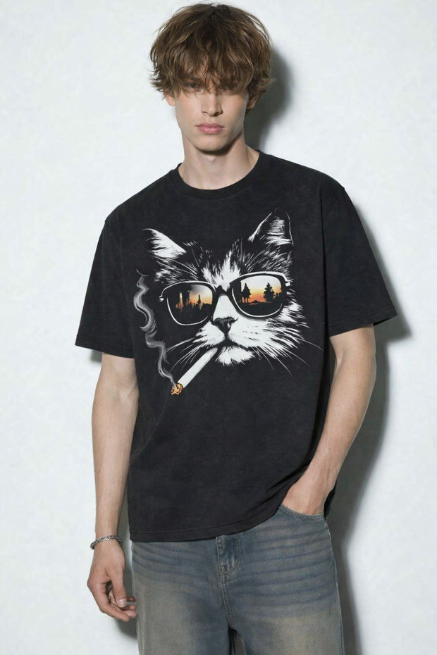 Cool Cat Printed Short Sleeve Unisex Black Plain Tshirt