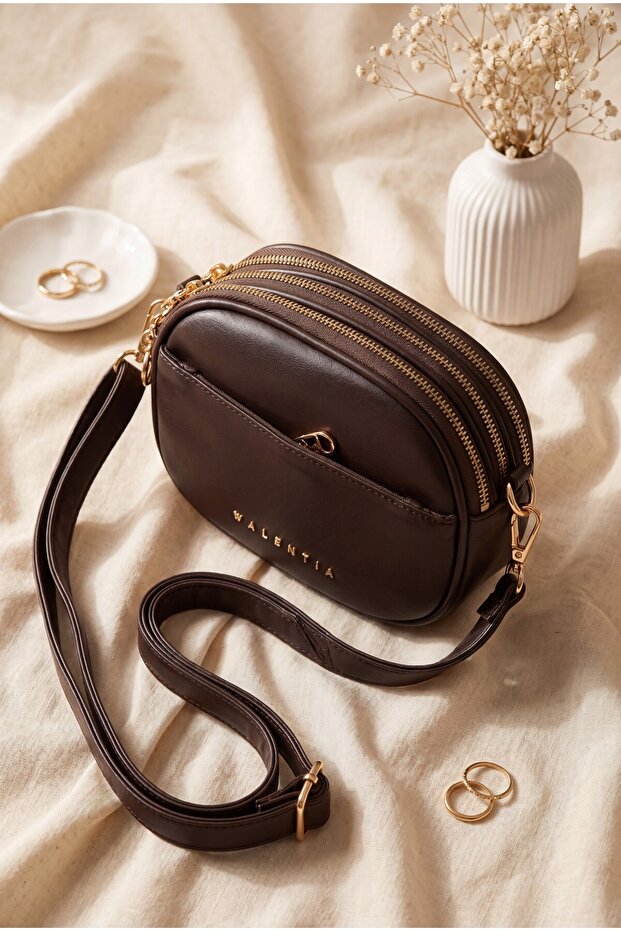 Multi-Compartment Long Strap Bag - Dark Brown - 1