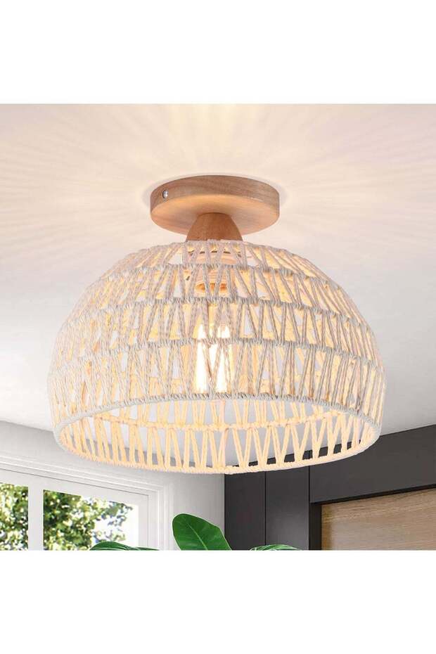Rattan Ceiling Light, Boho Semi Recessed Ceiling Light, Handmade Rattan Lighting Fixtures