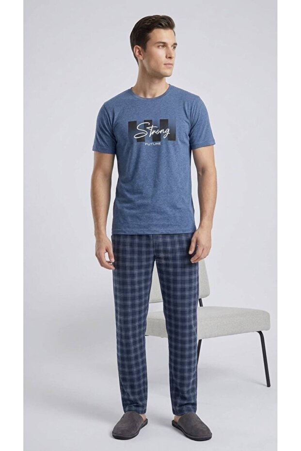 Men's Short-Sleeved Blue Plaid Pajama Set