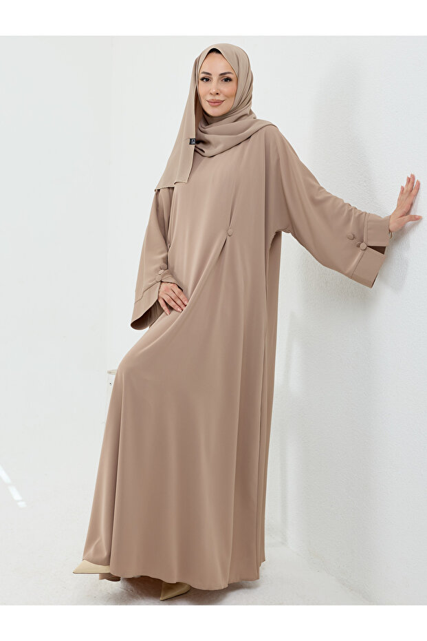 Serra Shawl Gifted Dubai Abaya Set with Button Detail Beige - 1015