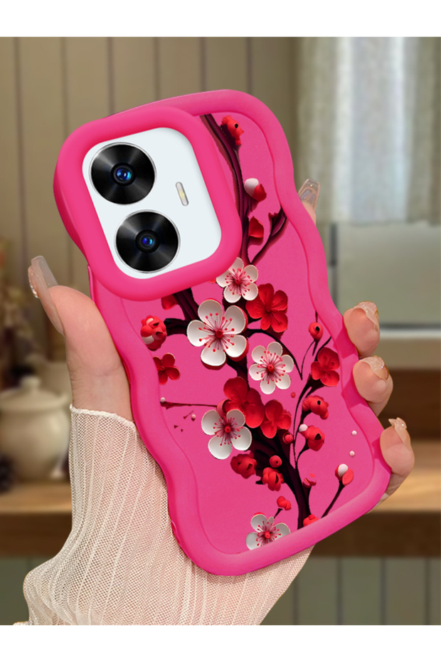 حافظة متوافقة مع هاتف Realme C55، حافظة هاتف من السيليكون الأحمر لحماية الكاميرا، نمط زهور
