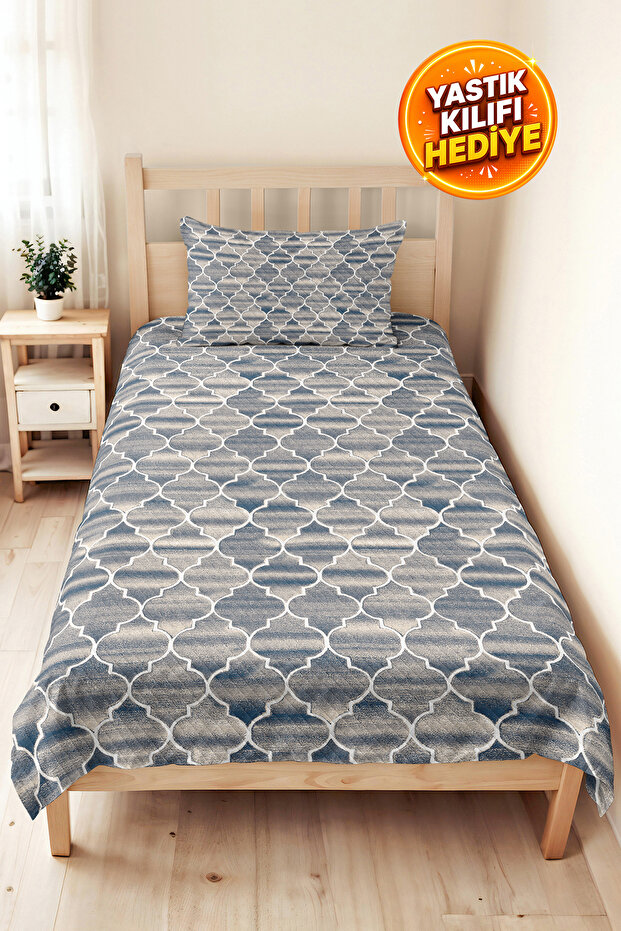 طقم بيكيه عصري بتصميم هندسي أزرق - غطاء سرير مبطن فردي على طراز مراكش الأبيض مقاس 160x220 سم