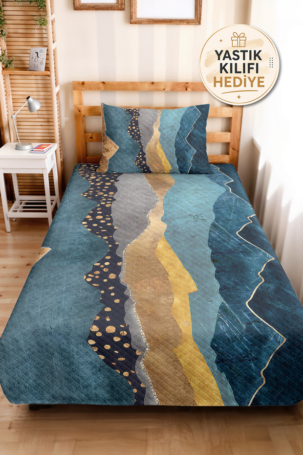 Blue Geometric Young Room Single Pique Set - Anthracite Gold 160X220 cm Quilted Bedspread