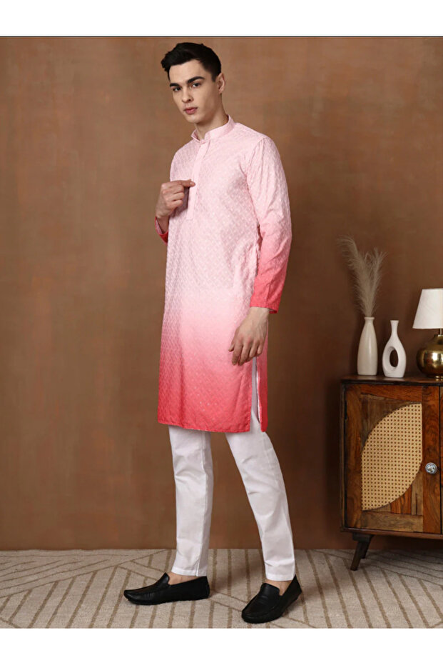 Mens Ombre Thread Work Cotton Kurta Set - 4