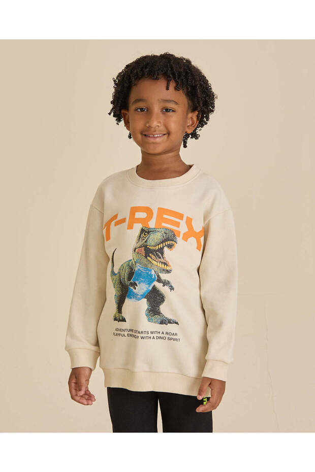 Boys Cream Dino Print Crew Neck Sweatshirt