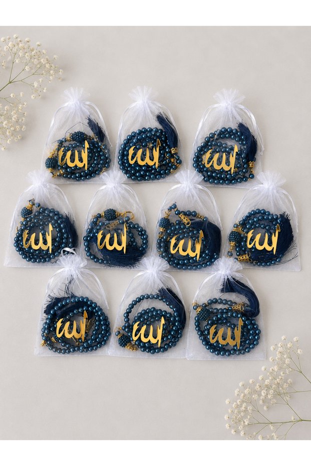 99 Glass Pearls Prayer Beads with the Word'Allah' on a Tulle Pouch, 10 Pieces.